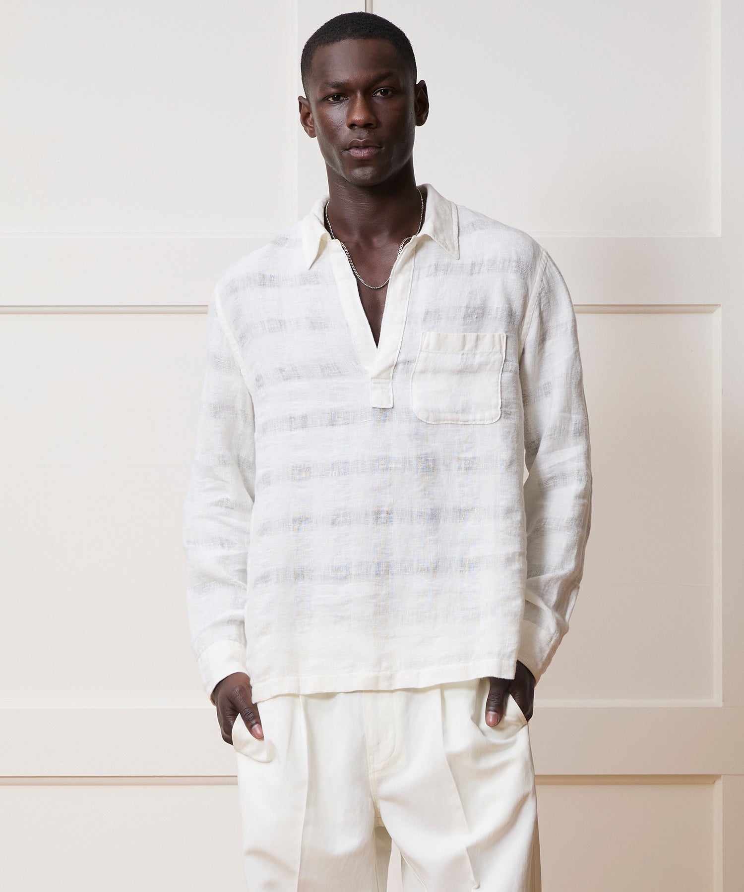 Linen Popover Shirt (white) — old money style, quiet luxury menswear