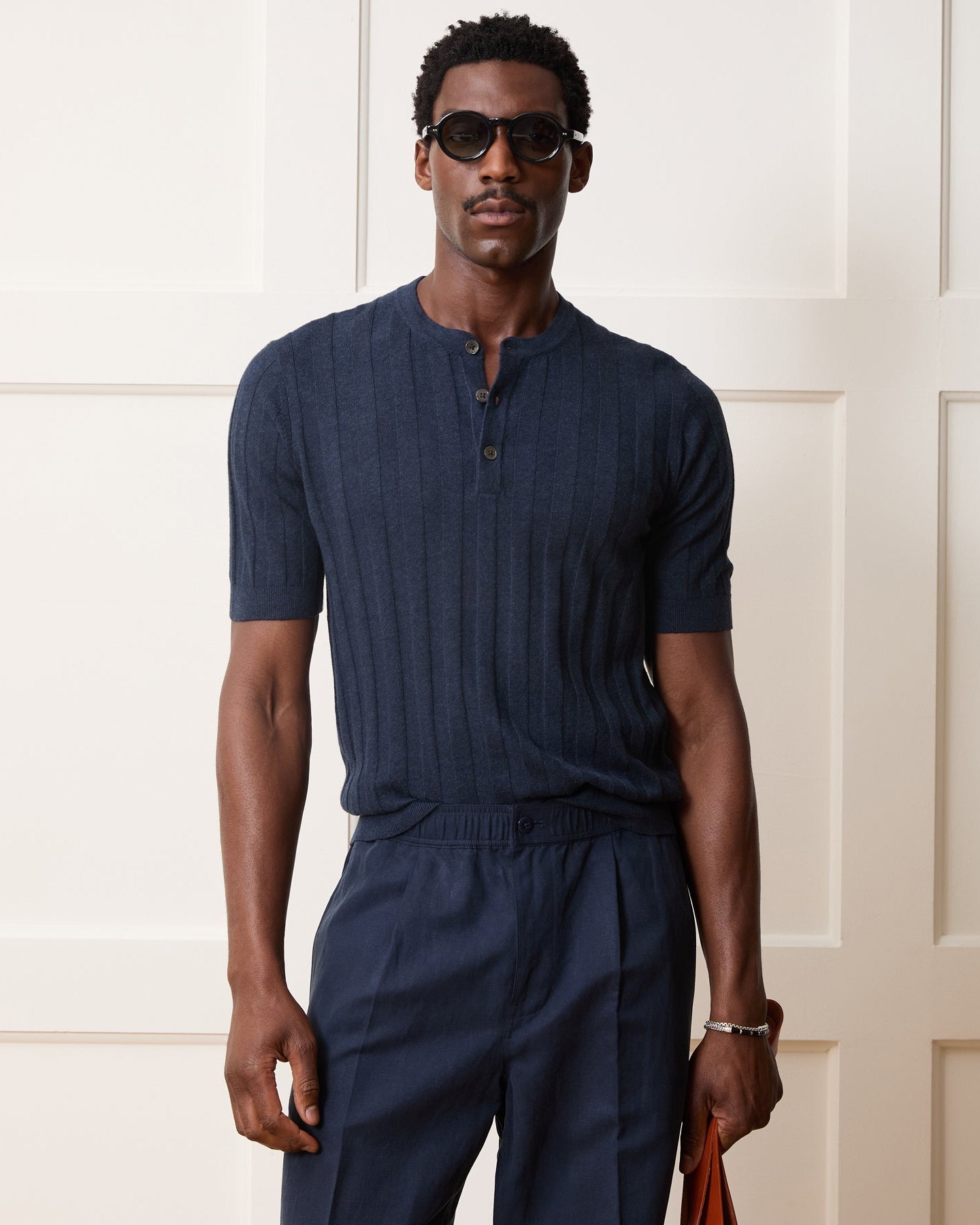 Ribbed Linen-Cotton Henley Sweater (navy) — old money style, quiet luxury menswear