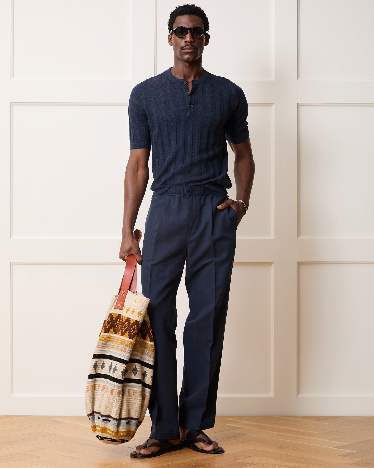 Ribbed Linen-Cotton Henley Sweater (navy) — old money style, quiet luxury menswear