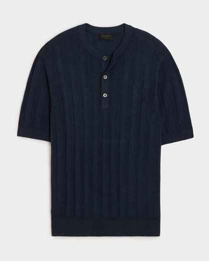 Ribbed Linen-Cotton Henley Sweater (navy batik) — old money style, quiet luxury menswear