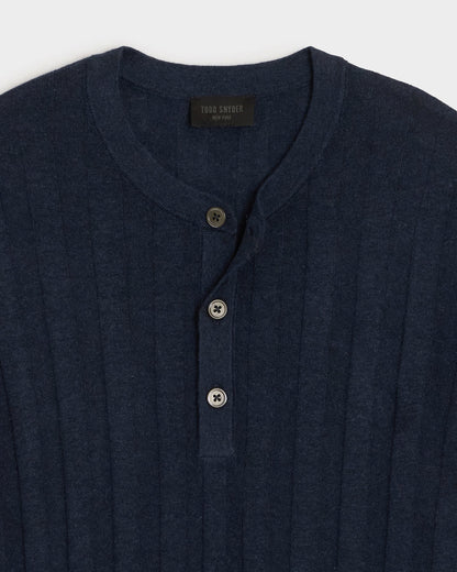 Ribbed Linen-Cotton Henley Sweater (navy batik) — old money style, quiet luxury menswear