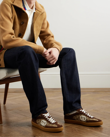 Gucci G74 Suede and Leather-Trimmed Monogrammed Canvas Sneakers